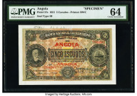 Angola Banco Nacional Ultramarino 5 Escudos 1.1.1921 Pick 57s Specimen PMG Choice Uncirculated 64. A roulette Cancelled punch, previous mounting and p...