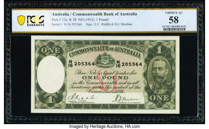 Australia Commonwealth Bank of Australia 1 Pound ND (1933) Pick 22a PCGS Banknot...