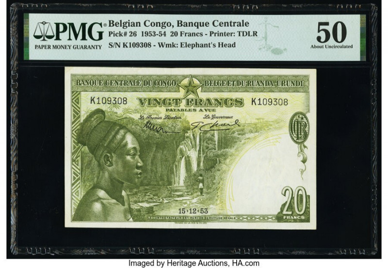 Belgian Congo Banque Centrale du Congo Belge 20 Francs 15.12.1953 Pick 26 PMG Ab...