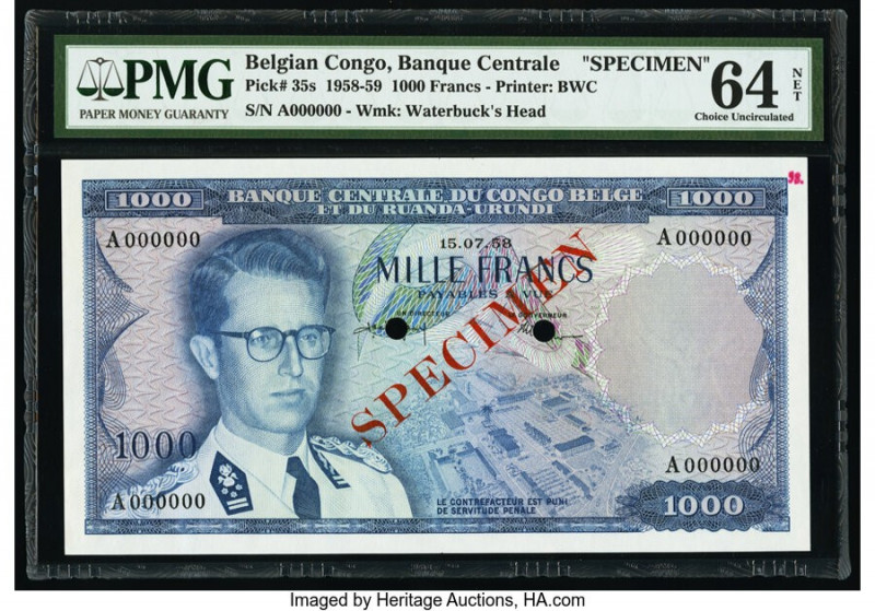 Belgian Congo Banque Centrale du Congo Belge 1000 Francs 15.7.1958 Pick 35s Spec...