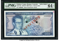 Belgian Congo Banque Centrale du Congo Belge 1000 Francs 15.7.1958 Pick 35s Specimen PMG Choice Uncirculated 64 Net. Red Specimen overprints, two POCs...