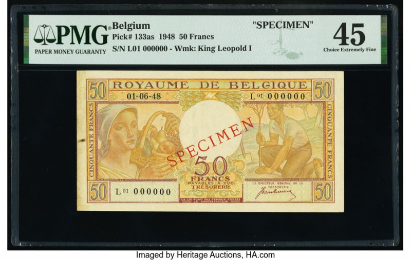 Belgium Koninkrijk Belgie 50 Francs 1.6.1948 Pick 133as Specimen PMG Choice Extr...