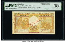 Belgium Koninkrijk Belgie 50 Francs 1.6.1948 Pick 133as Specimen PMG Choice Extremely Fine 45. Red Specimen overprints and previous mounting are noted...