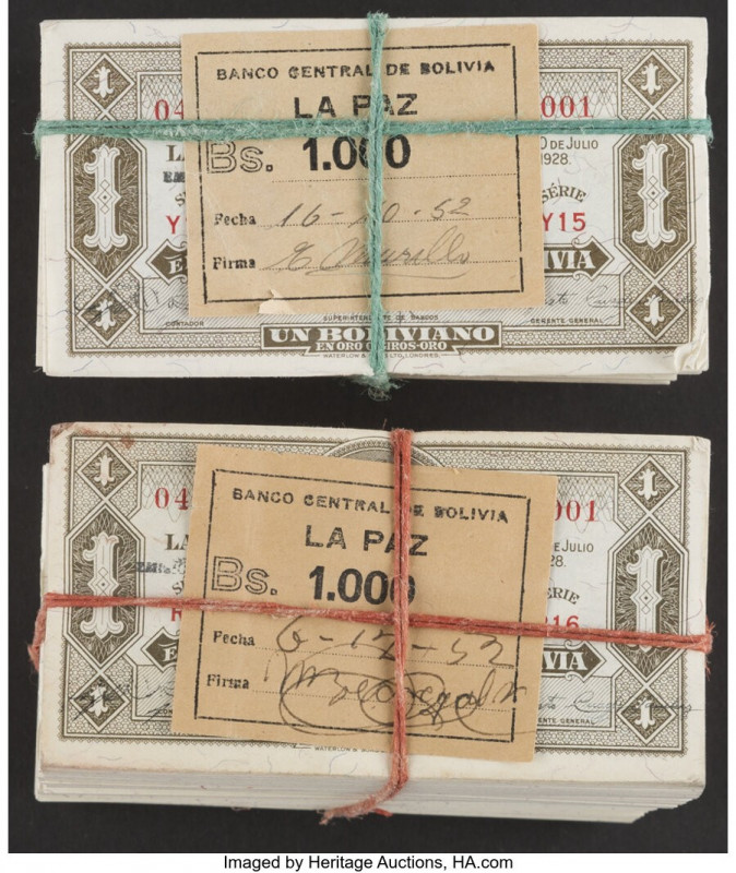 Bolivia Banco Central 1 Boliviano 1928 Pick 128c Two Bricks (2000 Notes) Crisp U...