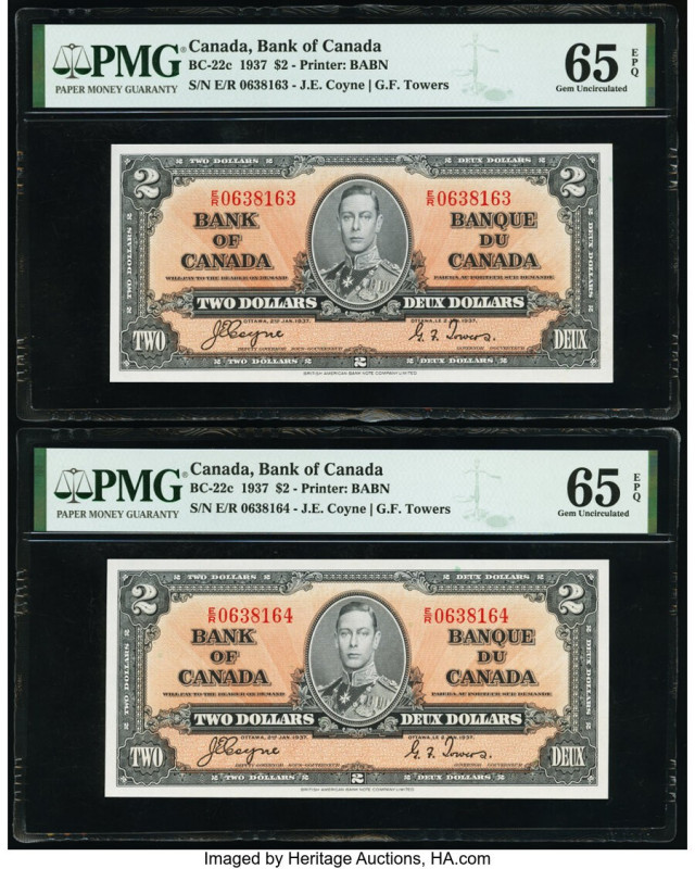 Canada Bank of Canada $2 2.1.1937 BC-22c Two Consecutive Examples PMG Gem Uncirc...