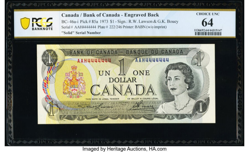 Solid Serial Number 4444444 Canada Bank of Canada $1 1973 BC-46a-i PCGS Banknote...