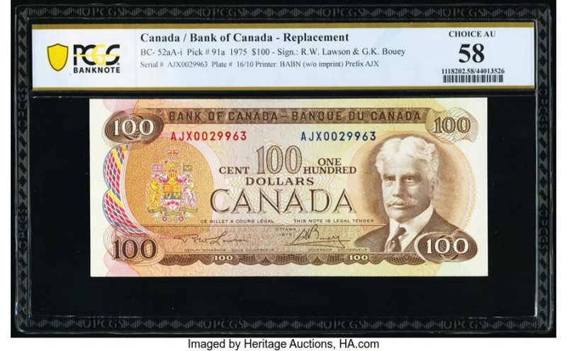 Canada Bank of Canada $100 1975 BC-52aA-i Replacement PCGS Banknote Choice AU 58...