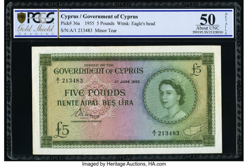 Cyprus Central Bank of Cyprus 5 Pounds 1.6.1955 Pick 36a PCGS Gold Shield About ...