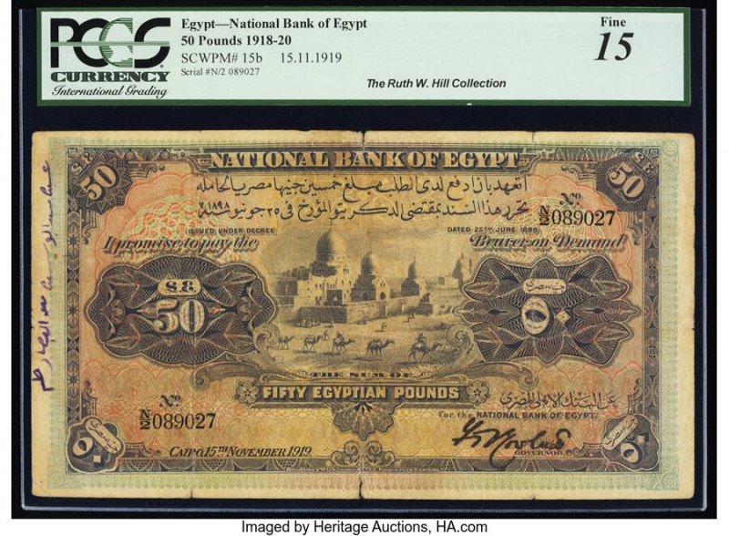 Egypt National Bank of Egypt 50 Pounds 15.11.1919 Pick 15b PCGS Fine 15. Edge sp...