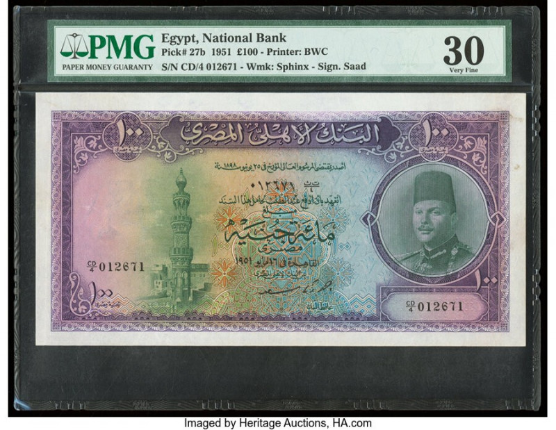 Egypt National Bank of Egypt 100 Pounds 1951 Pick 27b PMG Very Fine 30. Minor re...