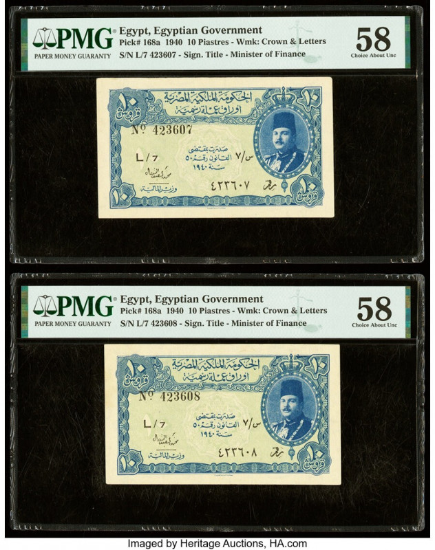 Egypt Egyptian Government 10 Piastres 1940 Pick 168a Two Consecutive Examples PM...