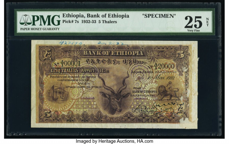 Ethiopia Bank of Ethiopia 5 Thalers 1.5.1932 Pick 7s Specimen PMG Very Fine 25 N...