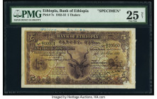 Ethiopia Bank of Ethiopia 5 Thalers 1.5.1932 Pick 7s Specimen PMG Very Fine 25 Net. A roulette Cancelled punch, printer's annotations and previous mou...