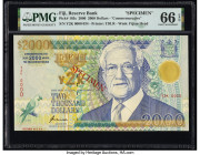 Fiji Reserve Bank of Fiji 2000 Dollars 2000 Pick 103s Commemorative PMG Gem Uncirculated 66 EPQ. Red Specimen overprints are present on this example.
...