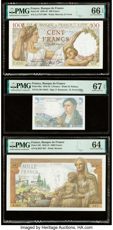 France Banque de France 100; 5; 1000 Francs 9.1.1941; 5.4.1945; 28.1.1943 Pick 9...