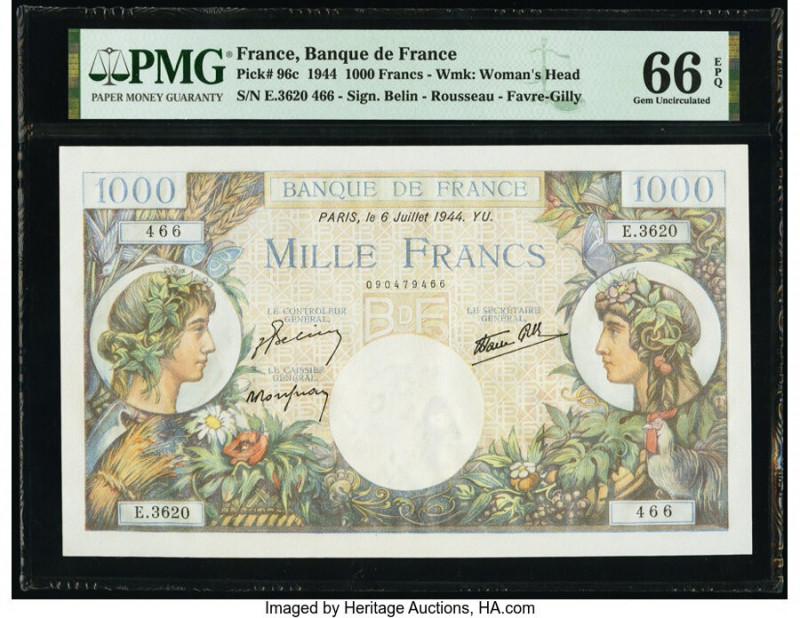 France Banque de France 1000 Francs 6.7.1944 Pick 96c PMG Gem Uncirculated 66 EP...