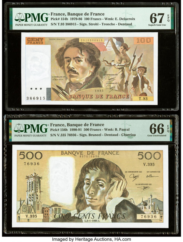 France Banque de France 100; 500 Francs 1985; 3.1.1991 Pick 154b; 156h Two examp...
