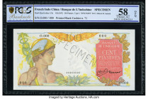 French Indochina Banque de l'Indo-Chine 100 Piastres ND (1947-49) Pick 82as Specimen PCGS Banknote Choice AU 58 OPQ. A perforated Specimen punch is pr...