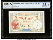 French Somaliland Banque de l'Indochine, Djibouti 5 Francs ND (1928-38) Pick 6bs Specimen PCGS Banknote Gem UNC 65 OPQ. A perforated Specimen punch is...