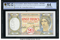 French Somaliland Banque de l'Indochine, Djibouti 20 Francs ND (1928-38) Pick 7As Specimen PCGS Banknote Choice UNC 64. A perforated Specimen punch is...