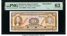Honduras Banco Central de Honduras 10 Lempiras ND (1970-75) Pick 57s Specimen PMG Choice Uncirculated 63. Red Muestra overprints, three POCs and print...
