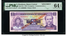 Honduras Banco Central de Honduras 2 Lempiras 23.9.1976 Pick 61s Commemorative Specimen PMG Choice Uncirculated 64 EPQ. Red Muestra Sin Valor overprin...