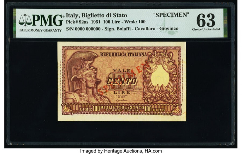Italy Biglietto Di Stato 100 Lire 24.12.1951 Pick 92as Specimen PMG Choice Uncir...