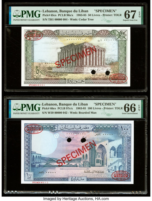 Lebanon Banque du Liban 50; 100 Livres 1983-85 Pick 65cs; 66cs Two Specimen PMG ...