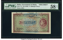 Malta Government of Malta 2 Shillings 6 Pence ND (1939) Pick 11s Specimen PMG Choice About Unc 58 Net. A roulette Cancelled punch, printer's annotatio...
