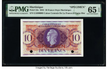 Martinique Caisse Centrale de la France d'Outre-Mer 10 Francs 2.1.1944 Pick 23s Specimen PMG Gem Uncirculated 65 EPQ. Red Specimen overprints and two ...