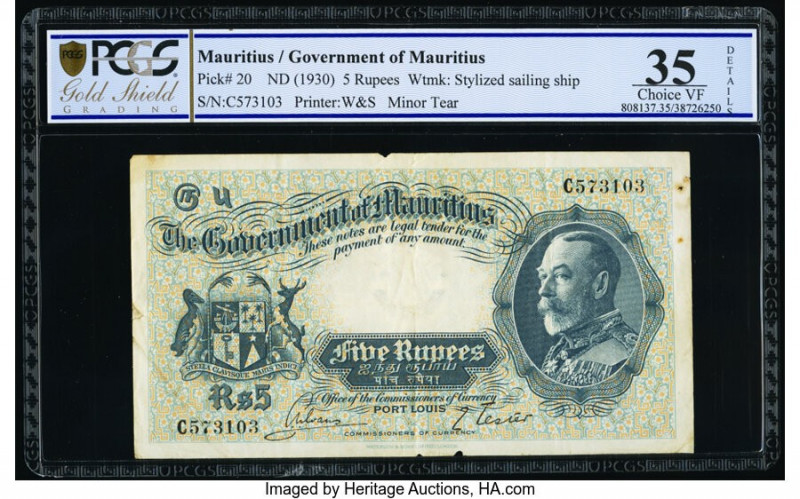 Mauritius Government of Mauritius 5 Rupees ND (1930) Pick 20 PCGS Gold shield Ch...
