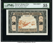 Morocco Banque d'Etat du Maroc 50 Francs 1.8.1943 Pick 26s Specimen PMG About Uncirculated 55. Red Specimen overprints and a foreign substance are not...