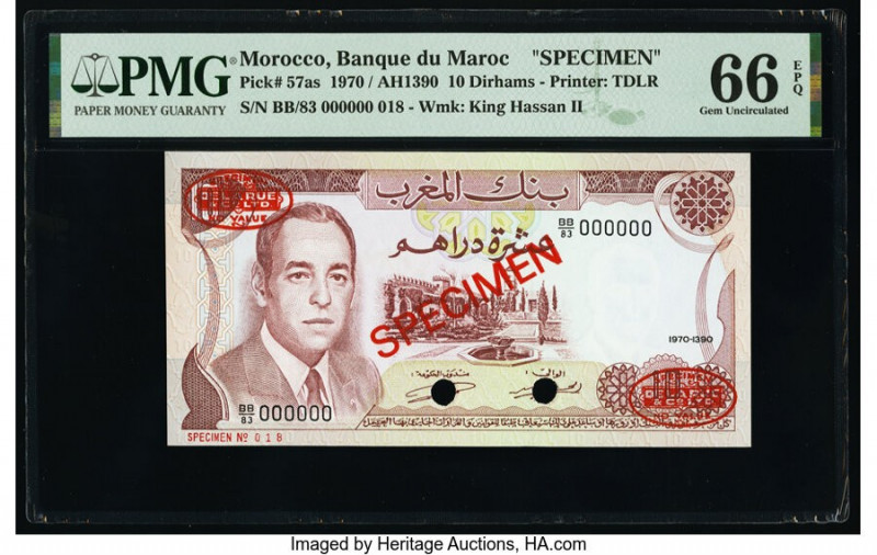 Morocco Banque du Maroc 10 Dirhams 1970 / AH1390 Pick 57as Specimen PMG Gem Unci...