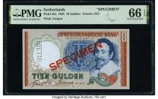 Netherlands Netherlands Bank 10 Gulden 23.3.1953 Pick 85s Specimen PMG Gem Uncirculated 66 EPQ. A roulette punch and red Specimen overprints are prese...