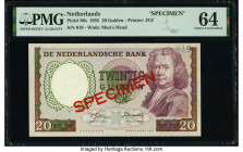 Netherlands Netherlands Bank 20 Gulden 8.11.1955 Pick 86s Specimen PMG Choice Uncirculated 64. Red Specimen overprints and staple holes are present on...