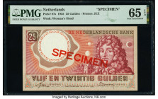 Netherlands Netherlands Bank 25 Gulden 10.4.1955 Pick 87s Specimen PMG Gem Uncirculated 65 EPQ. Red Specimen overprints are present on this example.

...