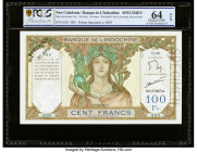 New Caledonia Banque de l'Indochine, Noumea 100 Francs ND (1937-67) Pick 42es Specimen PCGS Banknote Choice UNC 64 OPQ. Perforated Specimen punch and ...