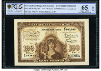 New Caledonia Banque de l'Indochine, Noumea 100 Francs ND (1943-44) Pick 46bs Specimen PCGS Gold Shield Gem UNC 65 OPQ. Two Annule perforations are Pr...