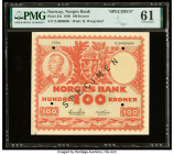 Norway Norges Bank 100 Kroner 1950 Pick 33s Specimen PMG Uncirculated 61. Black Specimen overprints, four POCs and previous mounting are noted on this...