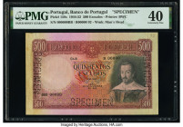 Portugal Banco de Portugal 500 Escudos 26.11.1944 Pick 158s Specimen PMG Extremely Fine 40. Perforated Specimen punches, red Sem Valor overprints, pre...
