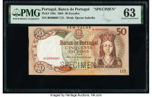 Portugal Banco de Portugal 50 Escudos 28.2.1964 Pick 168s Specimen PMG Choice Uncirculated 63. A perforated Specimen punch is present on this example....
