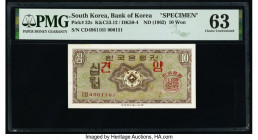South Korea Bank of Korea 10 Won ND (1962) Pick 32s Specimen PMG Choice Uncirculated 63. Red overprints and minor foreign substance is present on exam...