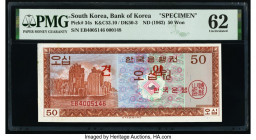South Korea Bank of Korea 50 Won ND (1962) Pick 34s Specimen PMG Uncirculated 62. Red overprints and previous mounting noted.

HID09801242017

© 2022 ...