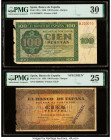 Spain Banco de Espana 100 Pesetas 21.11.1936; 20.5.1938 Pick 101a; 113s Two Examples Issued/Specimen PMG Very Fine 30; Very Fine 25. Perforated cancel...