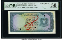 Syria Institut d'Emission de Syrie 10 Livres ND (ca. 1950) Pick 75s Specimen PMG About Uncirculated 50. Red overprints, previous mounting, pinholes an...