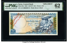 Syria Central Bank of Syria 25 Pounds 1958 / AH1377 Pick 89s Specimen PMG Uncirculated 62. Red Specimen overprints, annotations and previous mounting ...