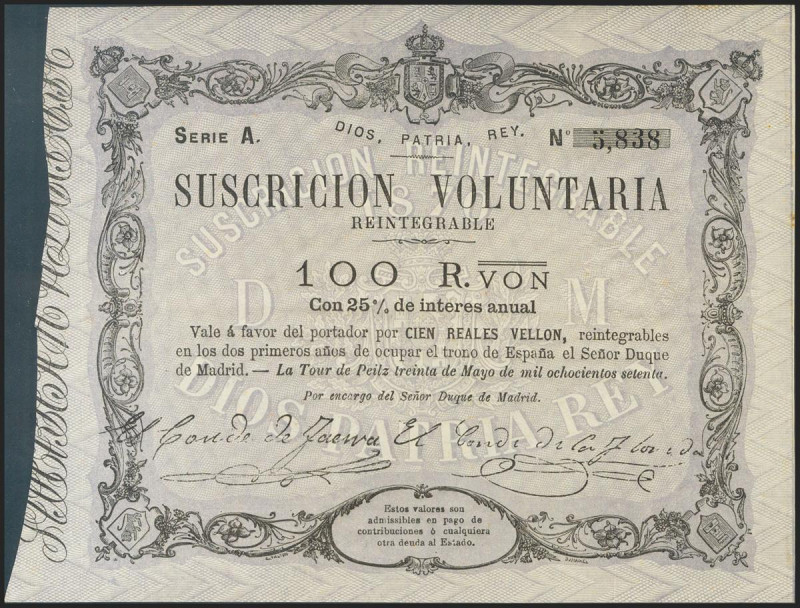 100 Reales de Vellón. 30 de Mayo de 1870. Emisión de Tour de Peilz. Serie A. (Ed...