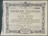 100 Reales de Vellón. 30 de Mayo de 1870. Emisión de Tour de Peilz. Serie A. (Edifil 2021: 196). EBC+.
