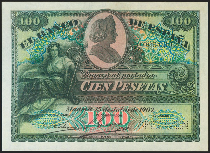 100 Pesetas. 15 de Julio de 1907. Sin serie y numeración 000000, taladrado SPECI...