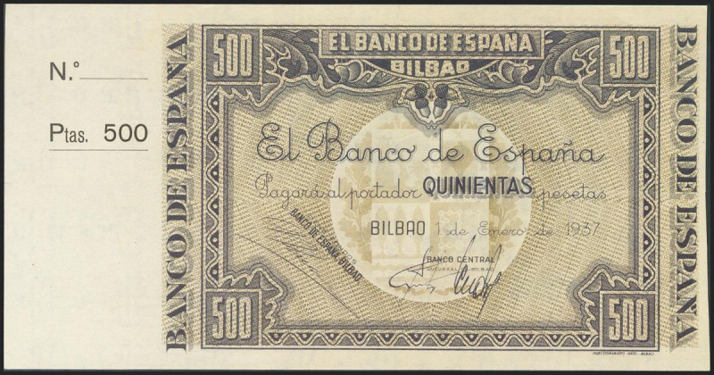 500 Pesetas. 1 de Enero de 1937. Sucursal de Bilbao, antefirma del Banco Central...